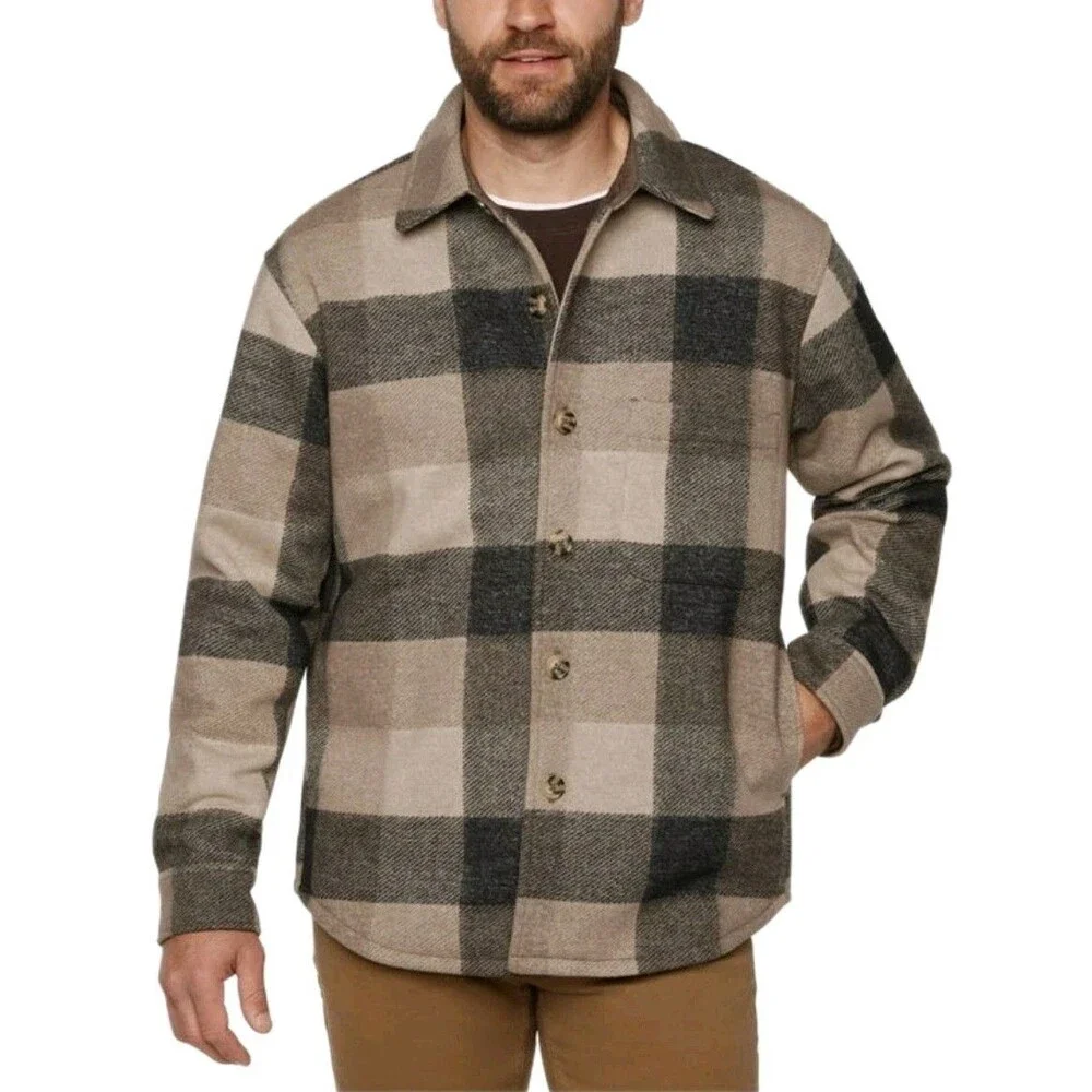 Banana Republic Heavyweight Shacket Tan Brown Plaid Button Shirt Jacket Men's M